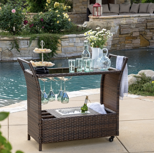 Caribbean Outdoor wicker Bar cart with cooler wine glass holder and glass top