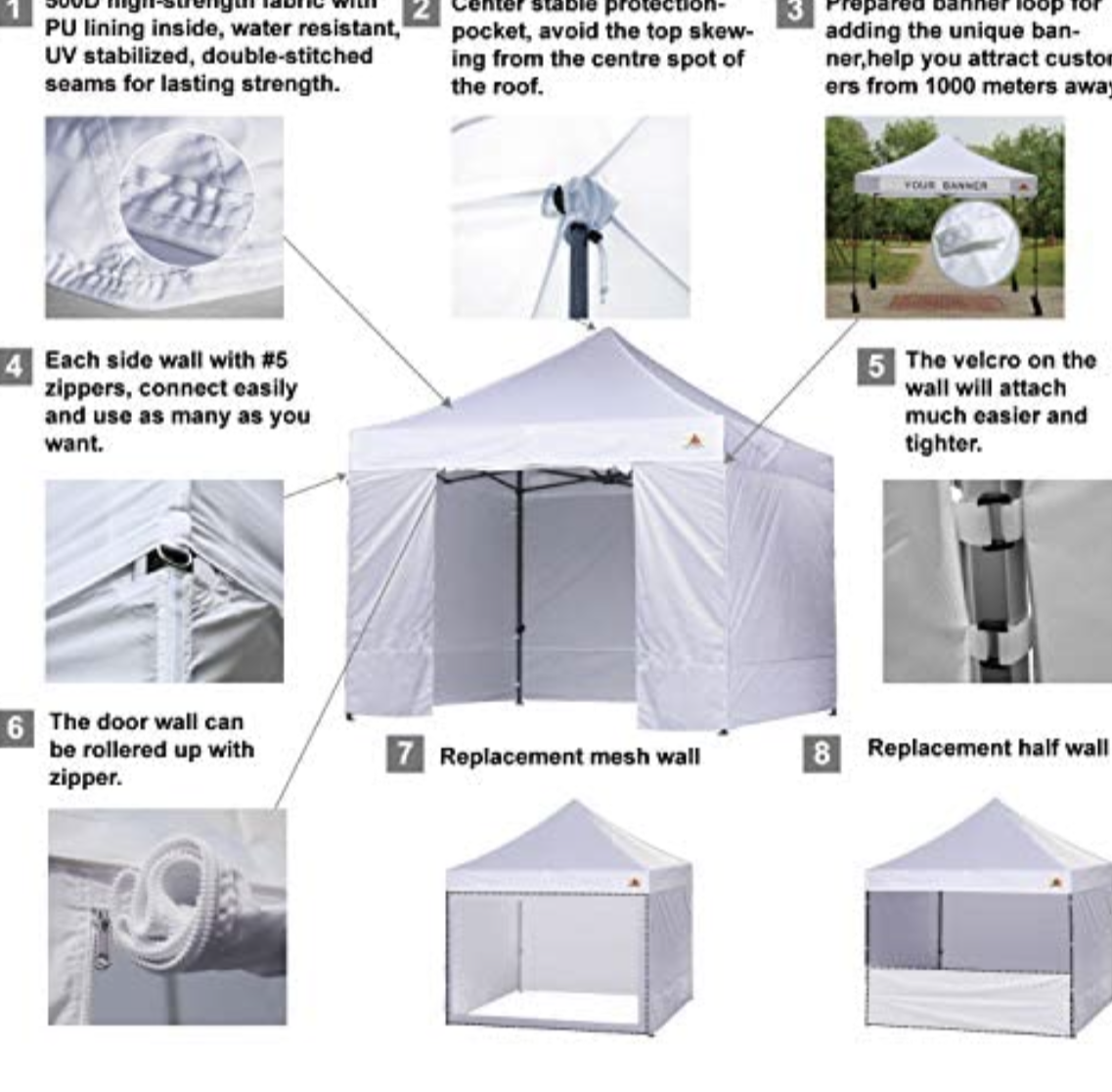 Canopy 10x10 Pop Up Canopies Commercial Tents Market stall with 6 Removable Sidewalls and Roller Bag Bonus 4 Weight Bags and 10ft Screen Netting and Half Wall, White