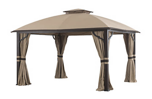 Brown and beige 12' x 10' Fabric Top Gazebo with screen and privacy curtain