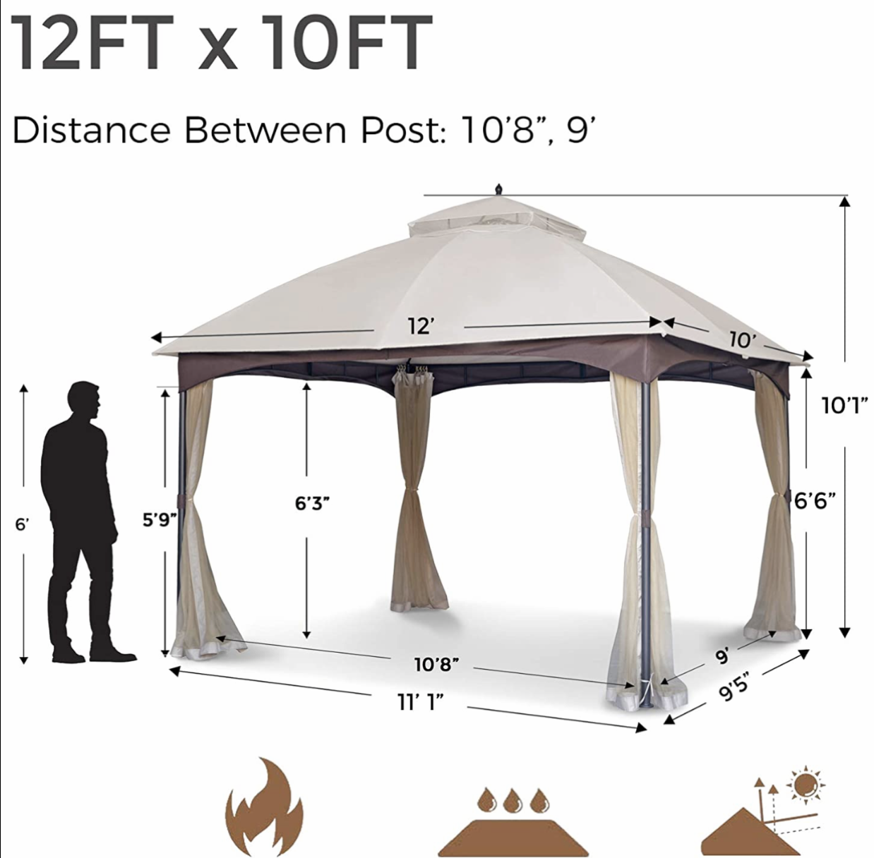 10x12 Outdoor Gazebo for Patios Canopy for Shade and Rain with Mosquito Netting, Waterproof Soft Top Metal Frame Gazebo