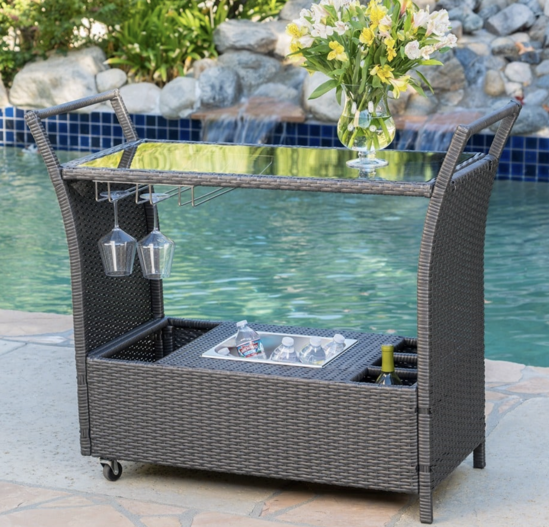 Caribbean Outdoor wicker Bar cart with cooler wine glass holder and glass top