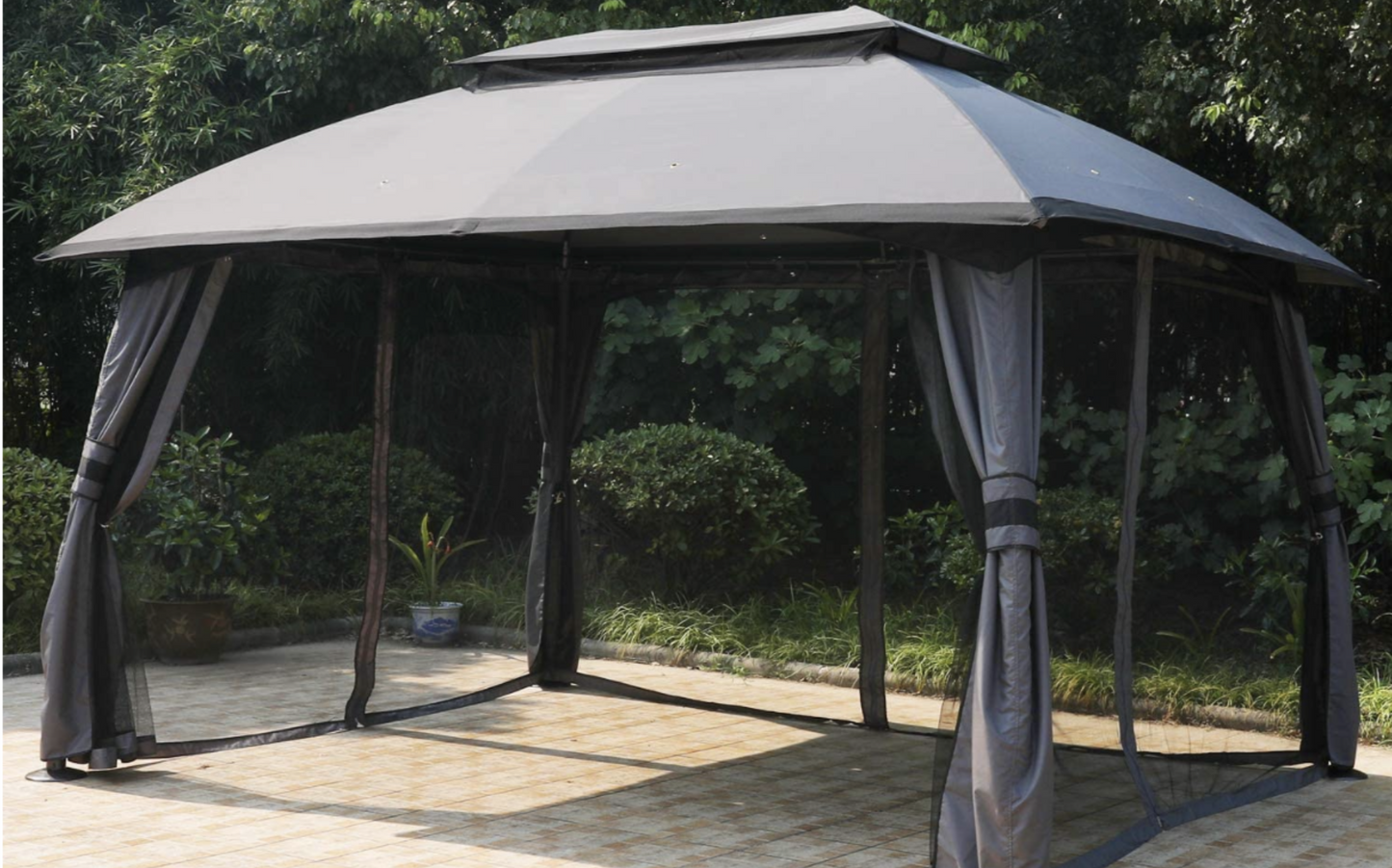 10' x 13' ft GRAY Garden Patio Gazebo Fully Enclosed Weather UV-Resistant w/Mosquito Netting and Curtains