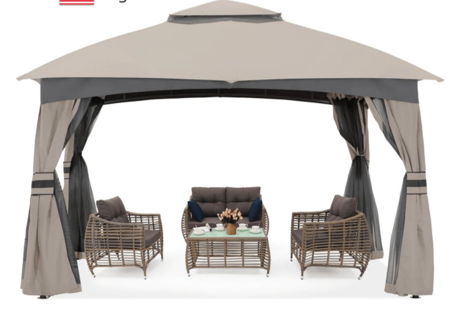 Patio Garden Gazebo 10x12 with Mosquito Netting+ Double Soft-top Light Gray
